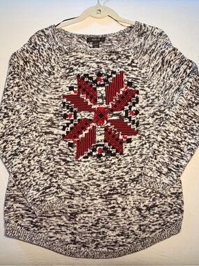 Style & Co. Marled Black & White Crewneck Sweater with Red Snowflake